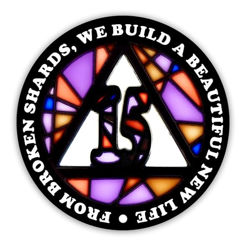 Image of Stained Glass 15 Year AA Chip Sobriety Coin Medallion, Fragments to Freedom Alcoholics Anonymous Addiction Recovery Anniversary Token, Inspirational Sober Gifts for Men and Women by the Token Shop