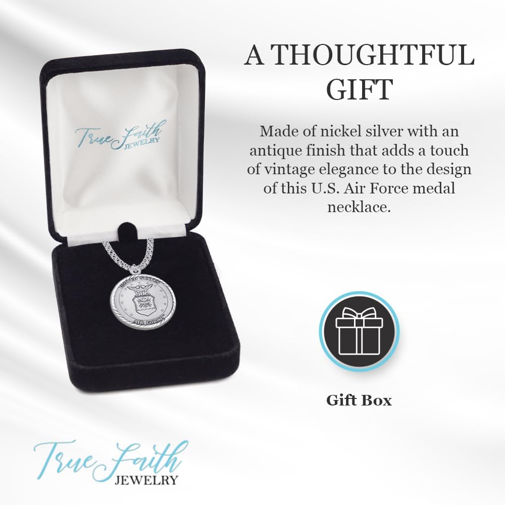 True Faith Jewelry Sterling Silver United States Air Force Service Medal with St Michael Patron Saint Archangel Pendant Necklace, 1-1/8 Inch