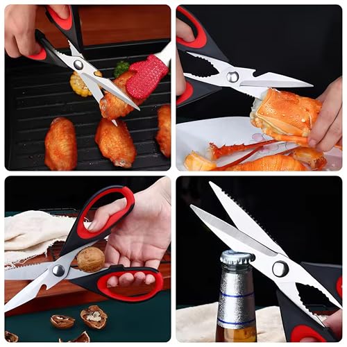 Image of Kitchen Scissors, Heavy Duty Shears with Safety Cover, Soft Grip, for Meat, Poultry, Herbs Cutting, Bottle and Jar Opener (Red-grey-orange)