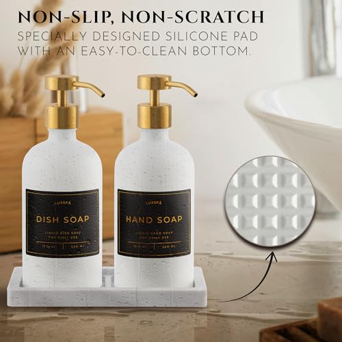 Glass Soap Dispenser Set of 2 (White) with Silicone Tray | Hand and Dish Soap Dispenser for Kitchen and Bathroom | 16.8 Oz Glass Bottles with Stainless Steel Pump & 15 Waterproof Labels (White/Gold) - image 3