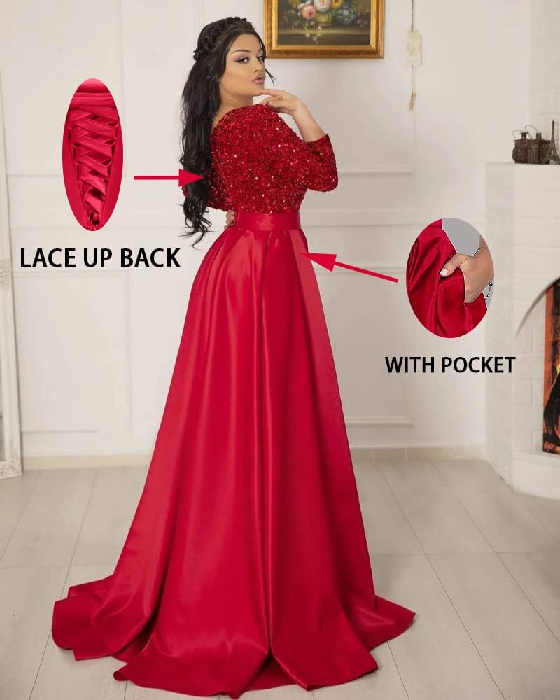 V Neck Sequin Evening Gowns with 3/4 Sleeves Satin Ball Gown Prom Dresses High Slit Formal Dresss for Women