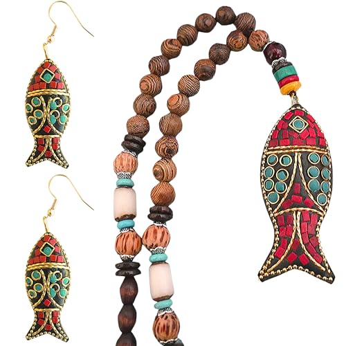 Bohemian Beaded Necklace for Women Long Boho Pendant Wood Mala Beads Wooden Strand Tassel Stone Bohemian Necklaces for Women Jewelry