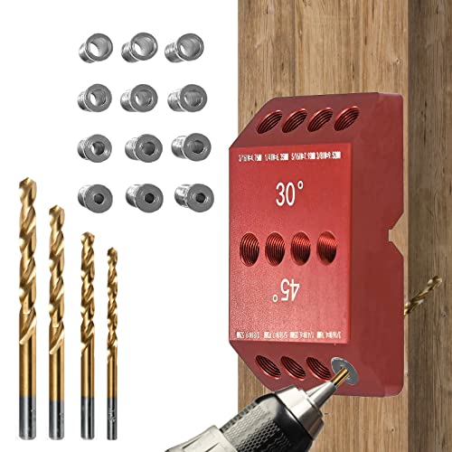 30 45 90 Degree Angle 4 Sizes Drill Hole Guide Jig with 4 Bits for Cable Railing Lag Screw Kit Wood Post Drilling Degree Angle and Straight Holes Drill Guide for Wire Metal Handrail 