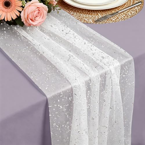 Foatcox Chemin de Table Argent, 75 x 300 CM Léger et Fluide Tulle Feuille d’Argent Chemin de Table, pour Mariages Bohèmes, Anniversaires, Noël, Le Nouvel...