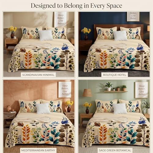 Image of SANMARINO 300TC Cloud Cotton King Size Bedsheet with 2 Pillow Covers | Super Soft & Breathable | Luxury Floral Pixel Bloom Digital Print Bedding Set | 228x254 cm | Autumn Leaves Blue Mustard