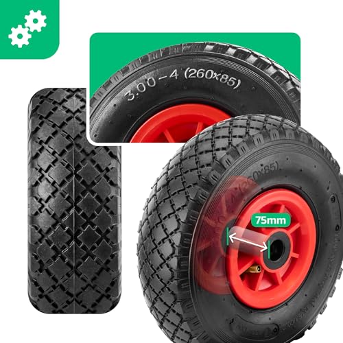 MOOVMOOV 2x Aufblasbares Rad 3.00-4 (260x85 mm) mit selbstsichernder Kappe und Klemmring – Für Sackkarren, Wagen und Schubkarren. Komplettes Rad: Reifen + rote PVC-Felge mit Rollenlagern