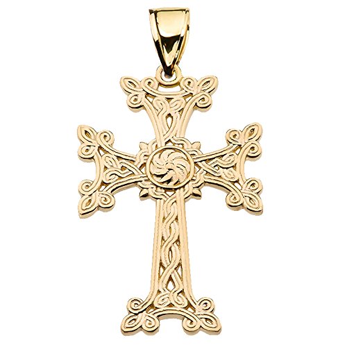 14k Yellow Gold Eternity "Khachkar" Armenian Cross Pendant Necklace (Large)2