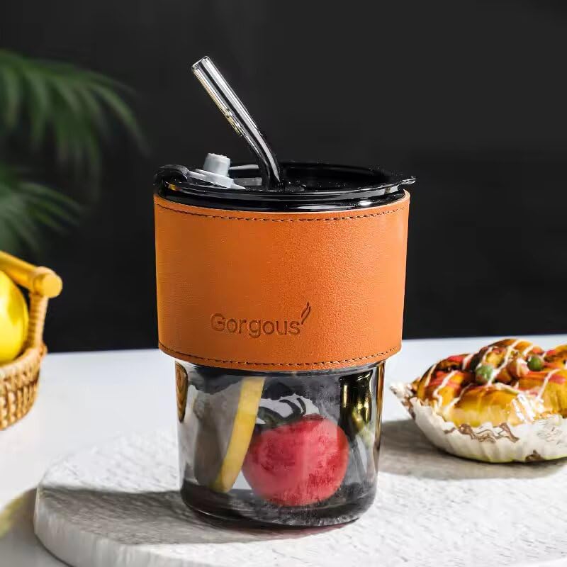 ZROY ENTERPRISE Iced Coffee Cups with Lids and Straws | 400ml | Thick Wall Glass Tumbler with Insulated Leather Sleeve,Cute Juice Mugs,Travel Sipper for Cocktail, Mocktail (1, Grey Lather)