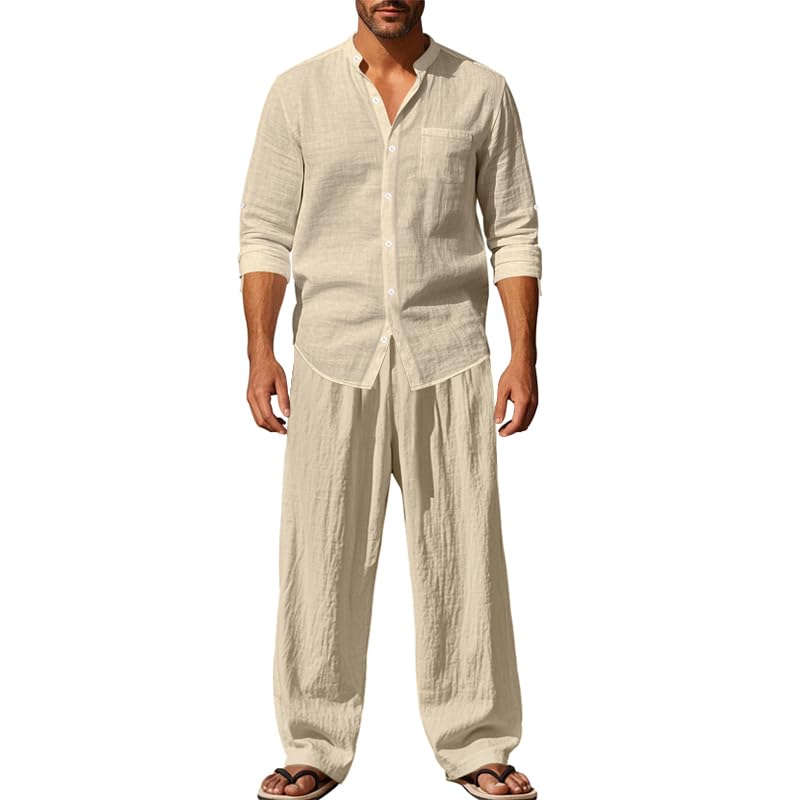 Men's Linen 2 Piece Outfit Long Sleeve Mandarin Neck Button Down Shirt with Elastic Waist Drawstring Lounge Pants Set2