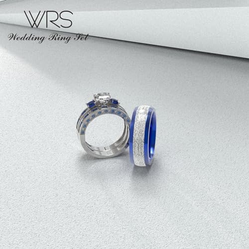 Couple Ring Bridal Set His And Hers Women 10k White Gold Filled Square Cut Blue Sapphire Men Titanium Band Wedding Ring Band Set