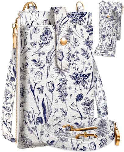 Image of Miss Adola Phone Purse Crossbody Bags for Women - Leather Small Cell Phone Wallet RFID Blocking with Card Slots & Adjustable Strap Cute Designer Aesthetic Cross Body Bags, Blue Line Flower