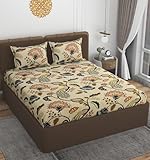 VOMZER 320tc Cotton Feel All Around Elastic Fitted Glace Printed Queen Size Double Bed Bedsheet with 2 Large Pillow Covers Fits Upto Mattress of 8 Inches, Size - 60 x 78 x 10 Inches Beige
