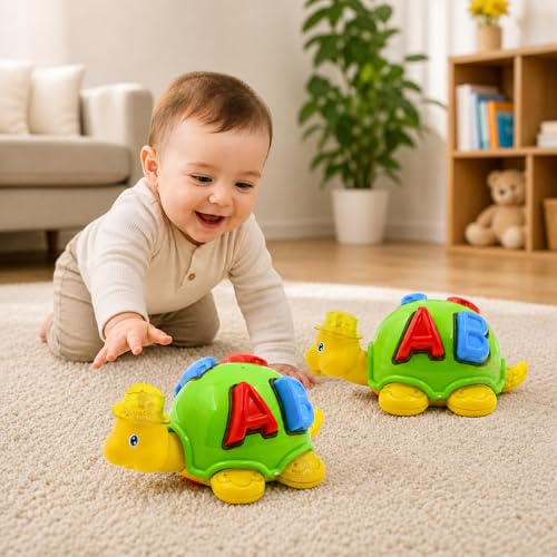 Image of WISHKEY Plastic Bump and Go Toy for Kids, Adorable Cartoon Design Turtle Toy with Moving Parts, Battery Operated Toy Turtle with Lights and Music, Multicolor, 3+ Years (Pack of 1)