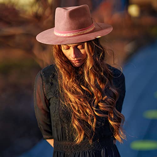 Ruediger Wide Brim Fedora Hats For Men Women 100% Wool Felt Panama Rancher Hat With Lightning Logo Distressed/Burned Handmade Pink #TOP4