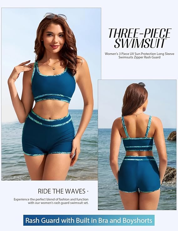 Kate Kasin Damen 3-teiliges Rashguard-Badeshirt, langärmelig, LSF 50+, Badeanzug, Reißverschluss, Farbblock, Badeanzüge mit Boyshort