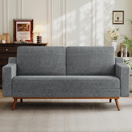 Vipbear 65.4″ Loveseat Sofa Grey Corduroy Couch, Mid-Century Modern Small Couches for Living Room, Bedroom, Office, Comfy Sofa with Spring Cushion, Solid Wood Frame, Tool-Free Assembly