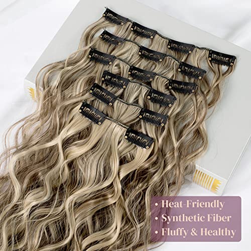 Clip In Hair Extensions, Lonai 6Pcs Curly 24" Long Synthetic Clip On Hairpiece For Women Cool Brown With Blonde Highlights #TOP2