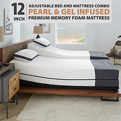 Blissful Nights Ananda 12" Pearl And Cool Gel Infused Memory Foam Mattress With Premium Adjustable Bed Frame Combo, Head Tilt, Massage, Usb, Zero Gravity,Anti-Snore … (Split King) #TOP3