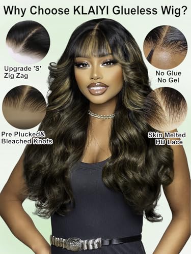 Image of KLAIYI Ombre Brown Loose Body Wave Bye Bye Knots Glueless Precut 7x5 HD Lace Front Human Hair Bang Wig Drawstring Highlight Balayage Brown Pre Plucked Bleached 30S Ready to Wear and Go Wig 180% 24Inch