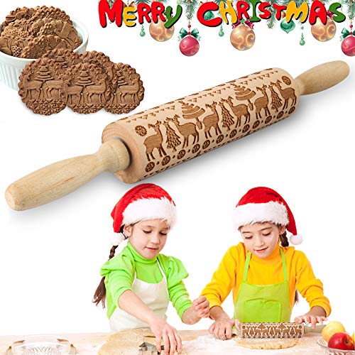 VZATT Motiv Nudelholz, Weihnachten Teigroller, Weihnachten Präge Nudelholz, 3D Holz Nudelholz mit Weihnachtsbaum Hirsch Schneeflocke Symbole, Teigrolle Muster PräGerolle, DIY Küchenhelfer