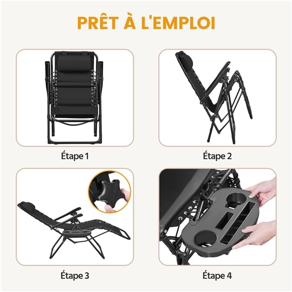 Yaheetech Chaise Longue Pliante Inclinable Bain de Soleil Lot de 2 Zéro Gravité avec Plateau Amovible pour Piscine Jardin Terrasse Charge 114kg Noir