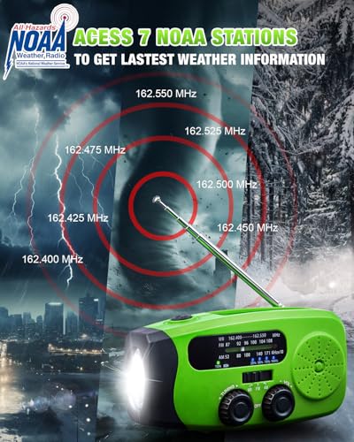 Image of Hand Crank Radio with AM /FM /NOAA Weather Bands,for Emergencies, Camping | 3 LED Flashlights,SOS Function,Solar Powered,Hand Cranked, 2000mAh /7400mWh Charger,for Power Outage - Green