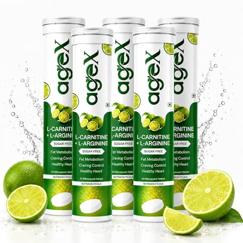 Image of L-Carnitine 500mg + L-Arginine 3000mg Effervescent Tablets | Pre-Workout, & Energy Booster for Weight Management & Stamina | Sugar Free | Helps Convert Fat into Energy - 100 Effervescent Tablets (Pack of 5), Lemon