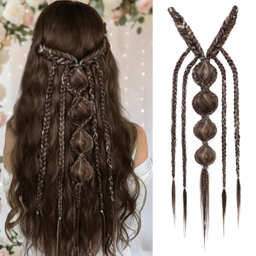 NTYNTY Clip in Braid Hair Extensions - Boho Festival Princess Braid Viking & Renaissance Hair Extension Fairy Cosplay Wedding Hairpiece for Women - Dark Auburn
