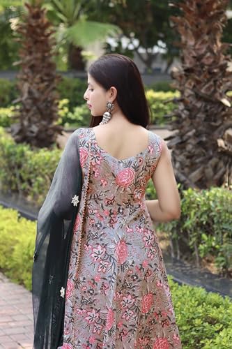 Image of GoSriKi Women's Cotton Blend Anarkali Printed Kurta with Pant & Dupatta