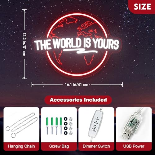 Image of The World Is Yours Neon Sign Carved Planet Adjustable Brightness USB Powered LED Neon Signs for Wall Decor Light Up Signs for Bedroom Classroom Office Man Cave Game Room 41cm*31cm