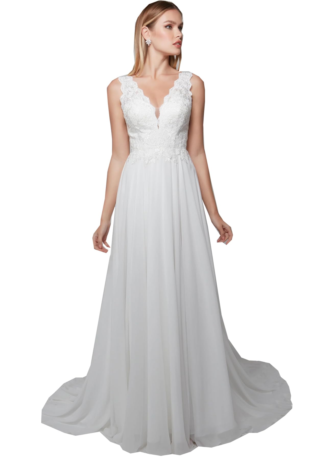 Abito da Sposa Abiti da Sposa Manica Lunga Scollatura a V Ufficio Civile Moda Sposa Abiti da Sposa, Bianco 18, 50