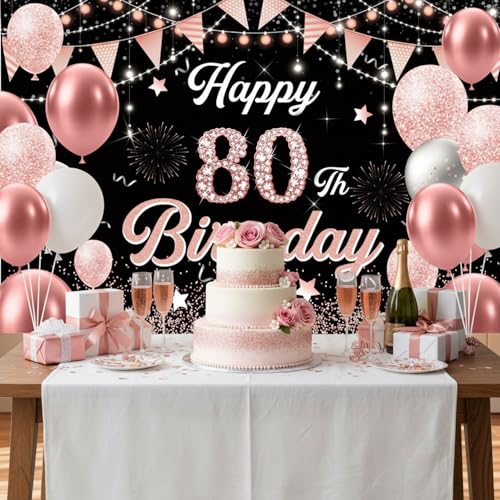 Image of 80th Birthday Decorations for Women - Happy 80th Birthday Banner Decorations Cheers to 80 Years Birthday Party Indoor and Outdoor Decoration Suppiles Pink Backdrop for 80th Birthday Party Favors Decor