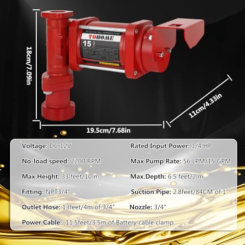 12V 15 GPM Fuel Transfer Pump With Discharge Hose & Manual Nozzle, Gasoline, Diesel, Kerosene & Biodiesel