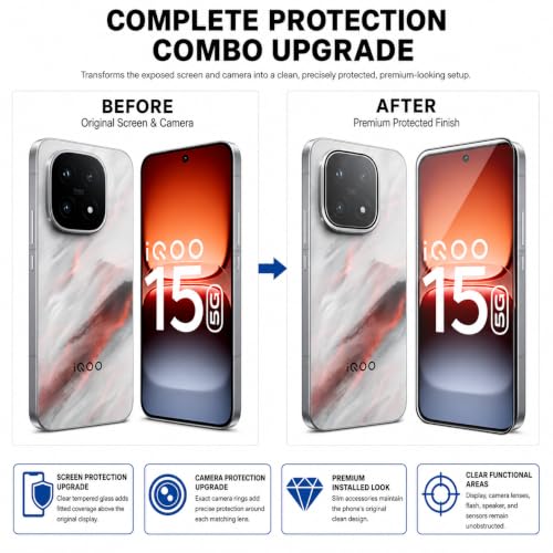 Image of FIRST MART Tempered Glass & Camera Lens for IQOO 15 With Edge to Edge Coverage, Case Friendly, Camera Metal Alloy Rings & Easy Installation Kit | Silver, Ultrasonic Fingerprint Working