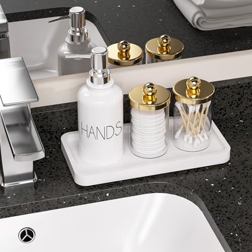 Image of Weenson Small Bathroom Vanity Tray for Countertop Makeup Perfume Jewelry Decor Candle Keys, Bamboo Kitchen Tray for Soap Dispenser Spice, Small White Toilet Tray for Sink7.9 L x 4 inch W x 0.79 inch H