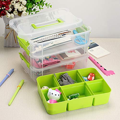 Btsky 3 Layer Stack & Carry Box, Plastic Multipurpose Portable Storage Container Box Handled Organizer Storage Box With Removable Tray For Organizing Sewing, Art Craft, Supplies Green #TOP4