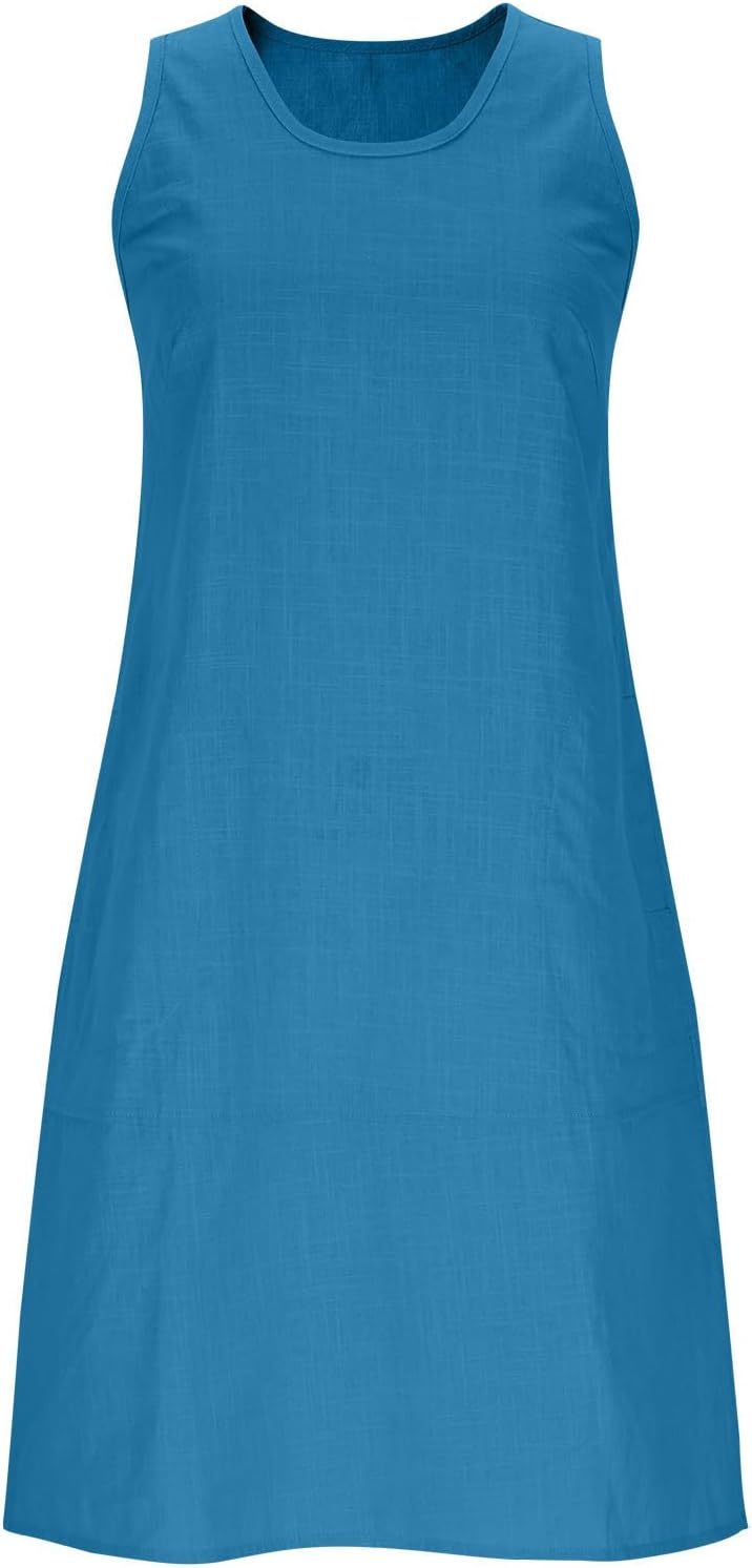 Summer Dresses for Women Cotton Linen Beach Vacation Clothes Casual Sleeveless Midi Sundresses with Pockets