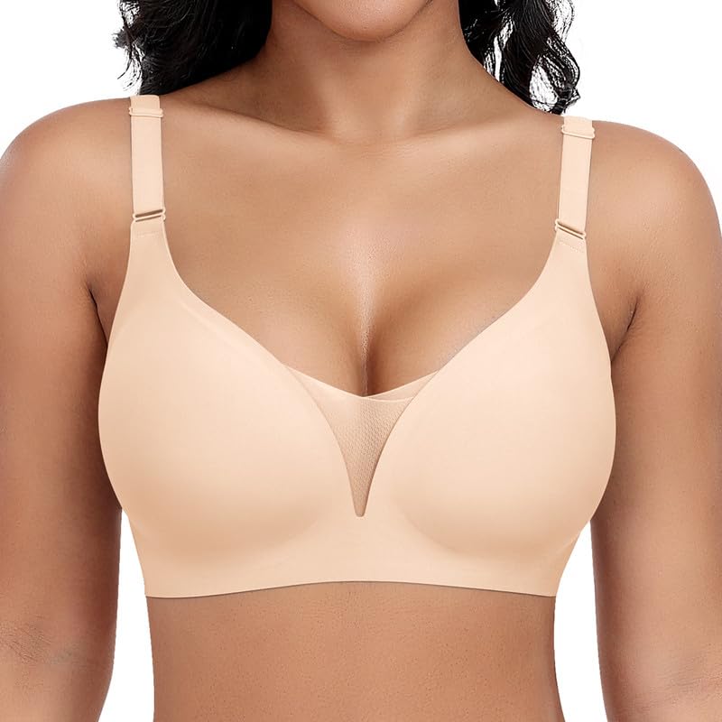 Jiuday Damen BH ohne Bügel Spitzen Soft BH Starker Halt Push Up Bügelloser BHS Gepolstert Seamless Bequemer Nahtloser Bra (Beige,S)