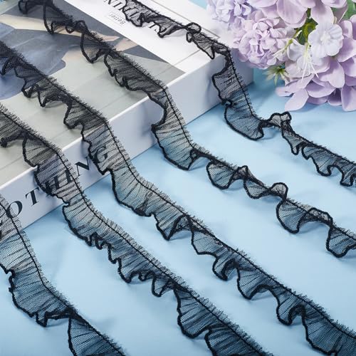 GORGECRAFT 10 Yards Pleated Lace Ribbon Fabric 2cm Wide Ruffled Mesh Edge Trim Embroidery Tulle Edging Trimmings DIY Crafts for Sewing Cuff Embellishments Home Curtain Decoration Black - Image 4