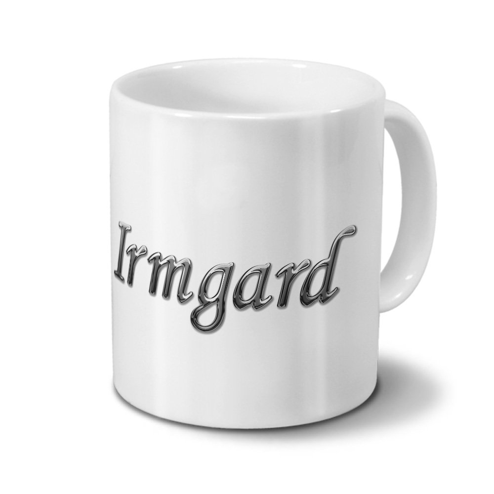 Personalisiert: Tasse Mit Namen Irmgard - Motiv 'Positive Eigenschaften' - Weißer Kaffeebecher 325 Ml