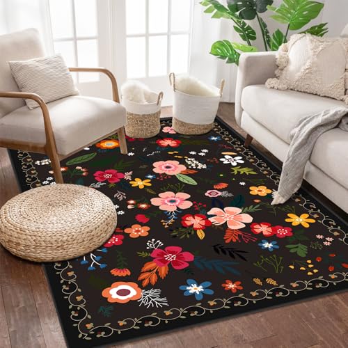 WTHYGB Area Rug for Living Room 4′ x 6′ Non-Slip Machine Washable Rug for Hallway Kitchen, Vintage Floral Carpet Throw Rug for Bedroom Entryway Bath Laundry (Black)
