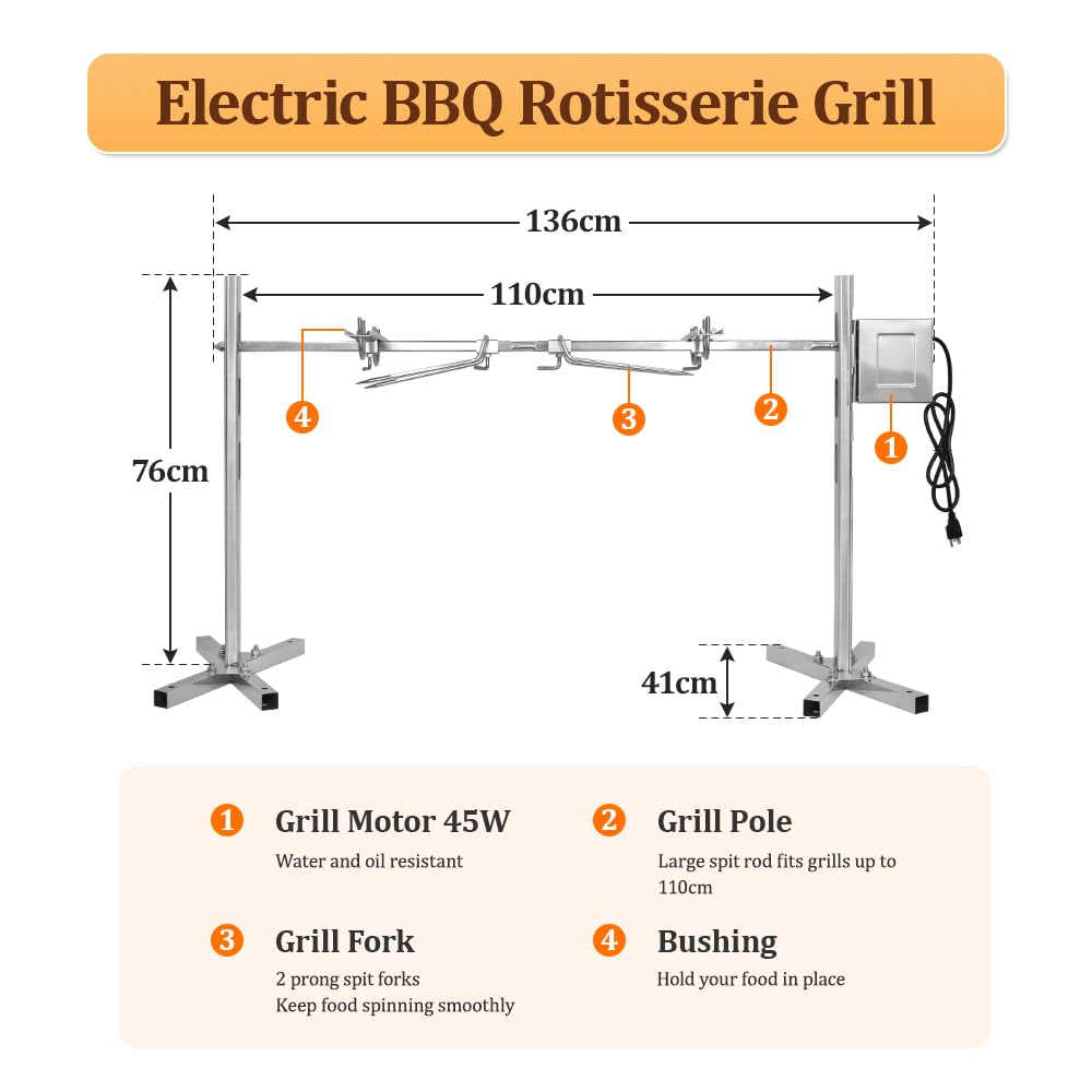 Rotisserie et Gril de Barbecue pour cochons de Lait,Tourner jusqu'à 100 kg de Porc,Set de brochettes électriques Acier Inoxydable pour feu de Camp, Camping pour cochons de Lait et agneaux