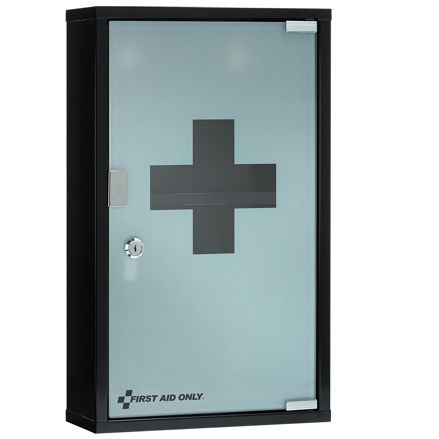 First Aid Only Botiquín Metálico Negro con 3 Compartimentos y Puerta de Cristal | Armario de Primeros Auxilios con Cerradura | Armario de Pared 50 x 30 x 12 cm | P-10202 00