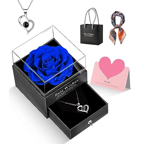 GOICC Rosa Eterna Natural Preservada con Collar Regalos Originales para Mujer Mama Novia Hermana Abuela Caja Regalo (Azul)