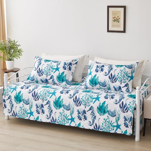 Image of Jarson 3 Piece Beach Daybed Cover Set Twin Green Blue White Coastal Quilted Daybed Bedding Sets Double Side Cozy Ocean Sofa Daybed Cover with 2 Shams