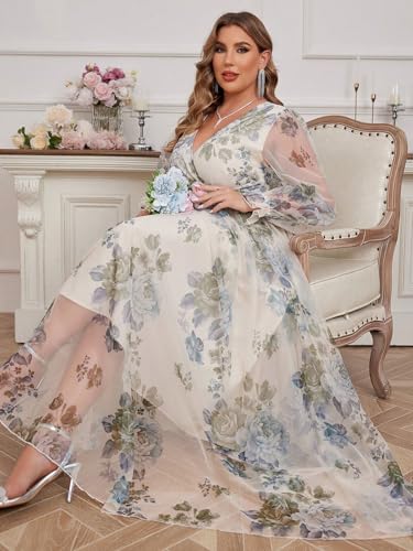 Image of Spring Summer 2024 Plus Size Womens Dresses V Neck Casual Elegant Long Sleeve Floral Print Maxi Dress