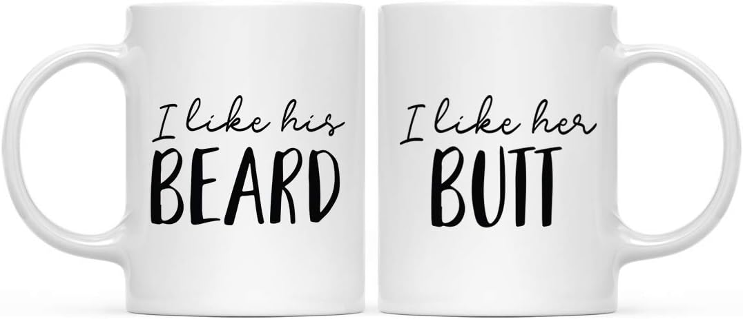 Andaz Press Funny Beard Themed 11oz. Coffee Mug Couples Gift, I Like His Beard, I Like Her Butt, Script Font, 2-Pack, Novelty Cup Couples Birthday Christmas Gift Ideas for Him Her