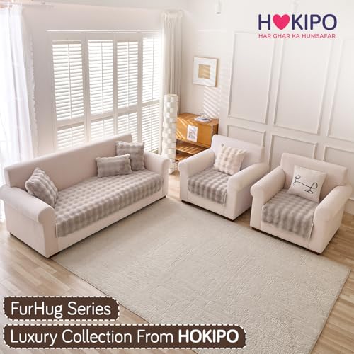 Image of HOKIPO 'FurHug' Luxury Faux Rabbit Fur Sofa Mat 5 Seater in 3+1+1 Configuration, Latte Brown (NEW-AR-5010-5)