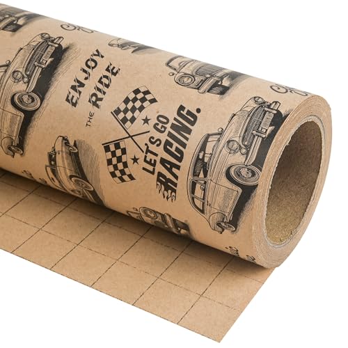 Altarho Kraft Birthday Wrapping Paper - Mini Roll - Vintage Classic Racing Car Pattern Sports Gift Wrap for Birthday Xmas Holiday Party Celebration Anniversary(17 Inch X 16.5 Feet)