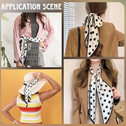 2Pcs Black and White Polka Dot Neck Scarf Womens Fashion Satin Silk Neckerchief Purse Bag Scarfs Silky Headscarf Band Hair Head Long Thin Scarves for Women Gifts Handbags Costume Accessories4